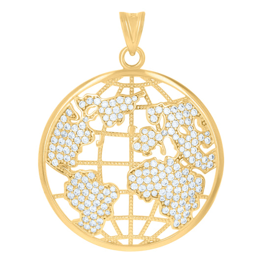 10K Yellow Gold Mens Cubic-Zirconia World Map Globe Charm Pendant