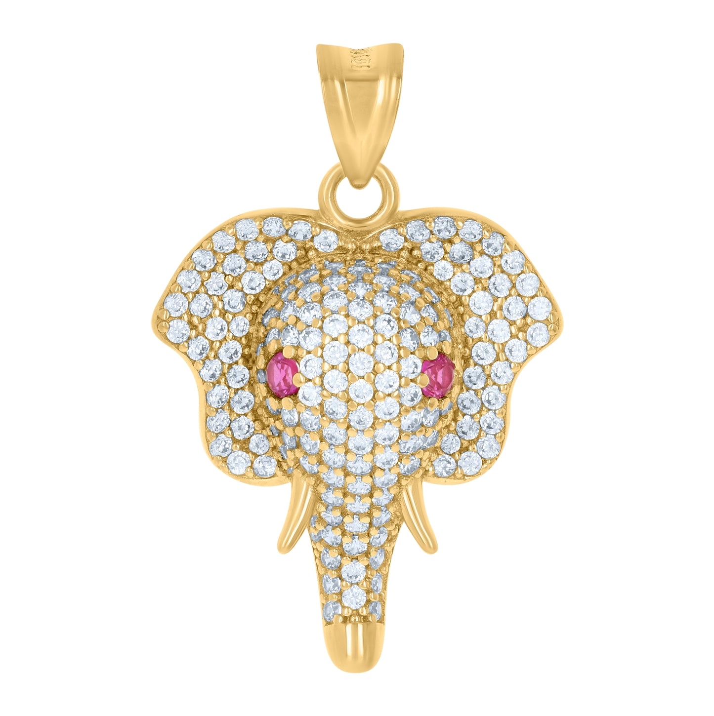 10K Yellow Gold Mens Pink White Cubic-Zirconia Elephant Head Charm Pendant