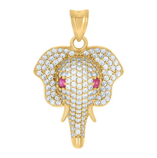 10K Yellow Gold Mens Pink White Cubic-Zirconia Elephant Head Charm Pendant