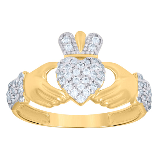 10K Two-tone Gold Womens Cubic-Zirconia Heart Claddagh Ring