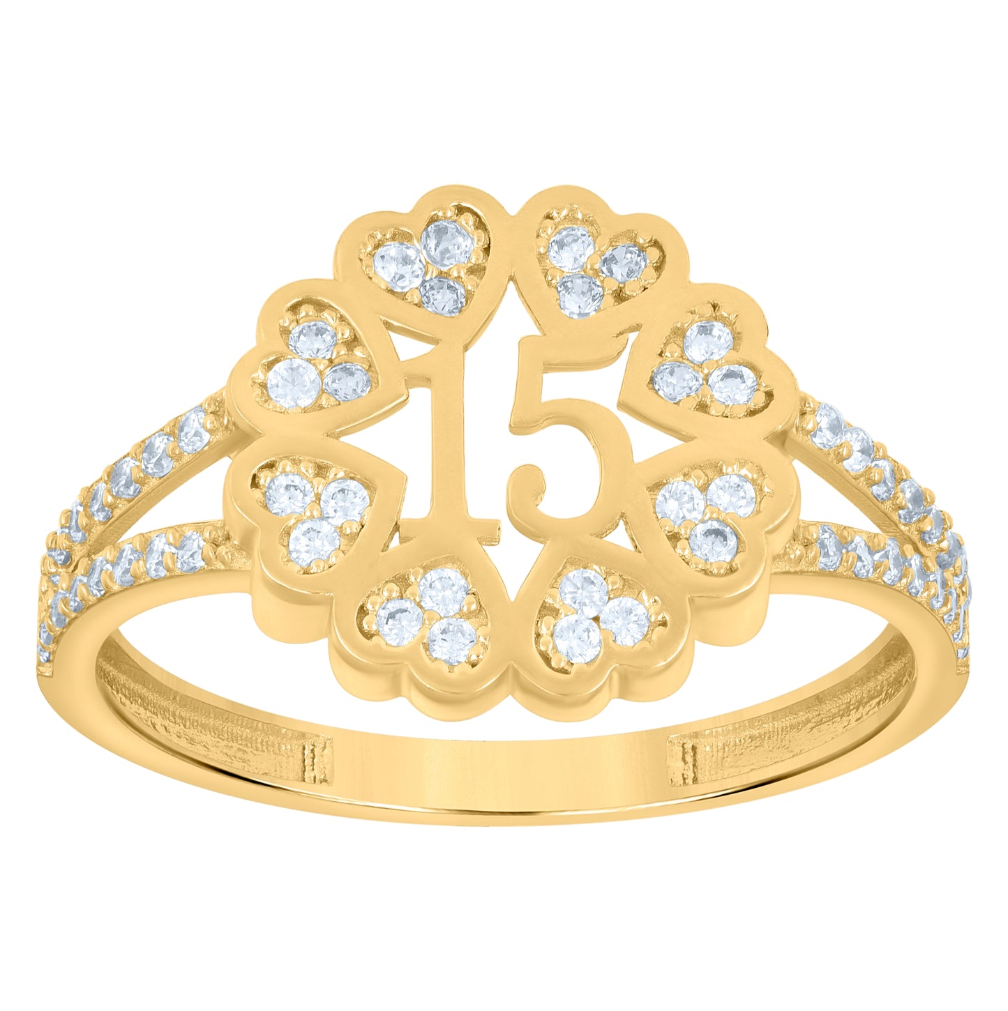 10K Yellow Gold Womens Cubic-Zirconia 15 Anos Quinceanera Hearts Ring