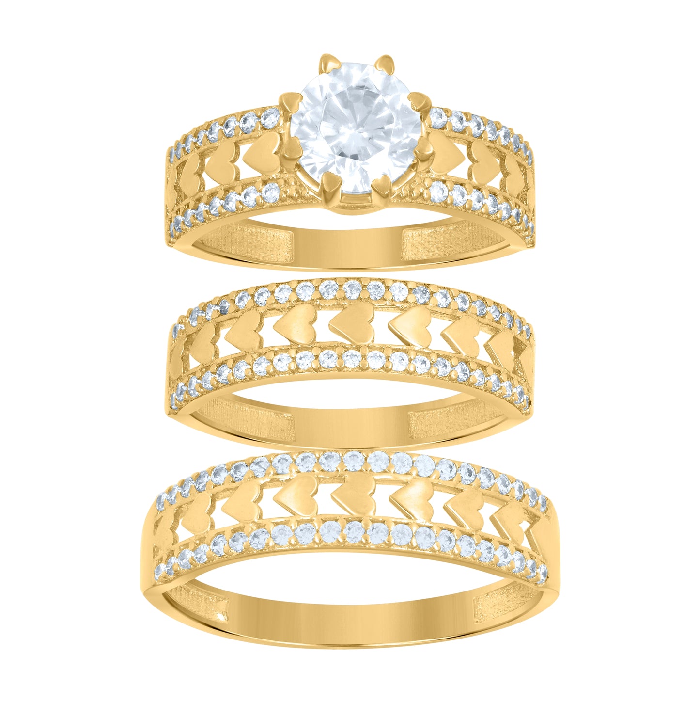 10K Yellow Gold His & Hers Cubic-Zirconia Hearts Trio Ring Set