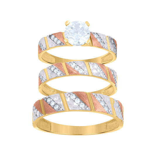 10K Tri-Color Gold Womens Cubic-Zirconia Trio Ring Set