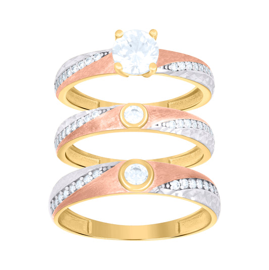 10K Tri-Color Gold Womens Cubic-Zirconia Trio Ring Set