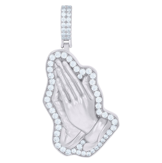 Sterling Silver Mens Cubic-Zirconia Praying Hands Symbol Religious Charm Pendant