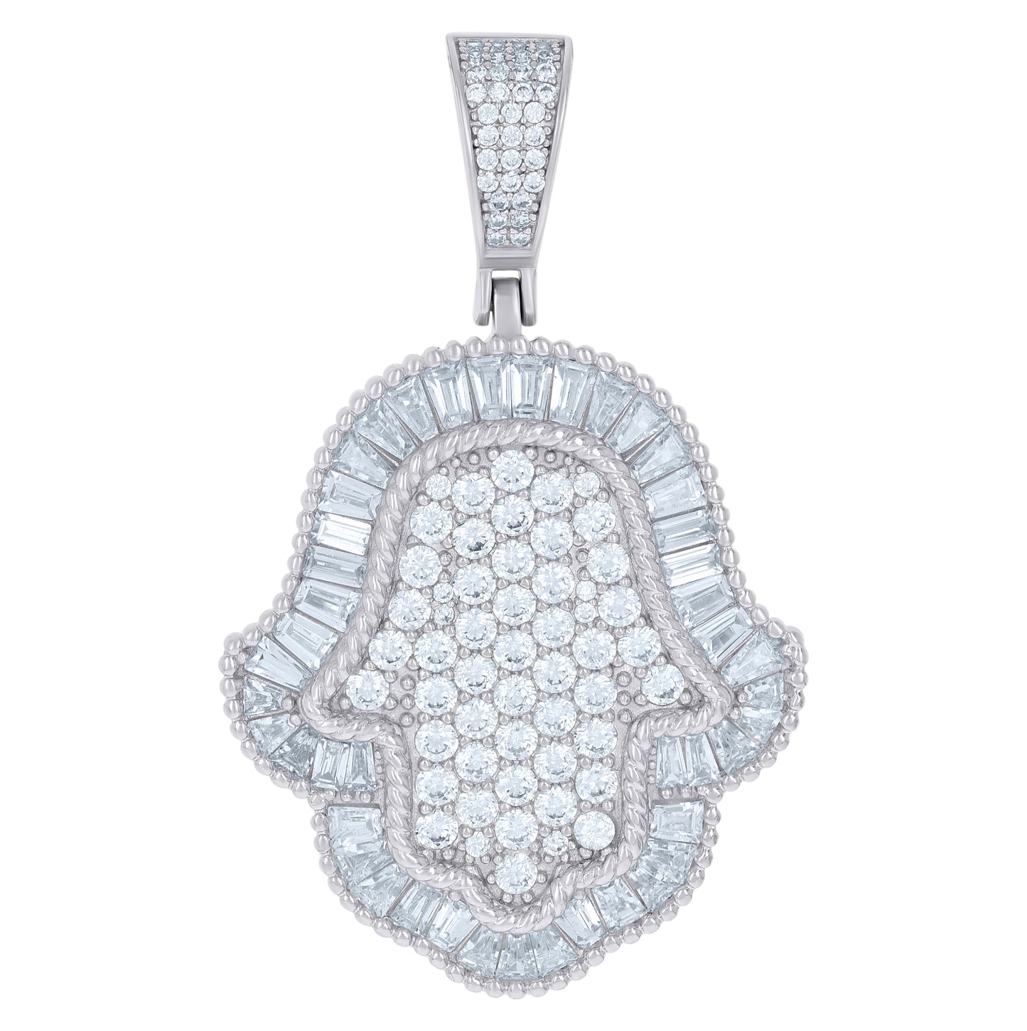 Sterling Silver Mens Baguette Round Cubic-Zirconia Hamsa Religious Charm Pendant
