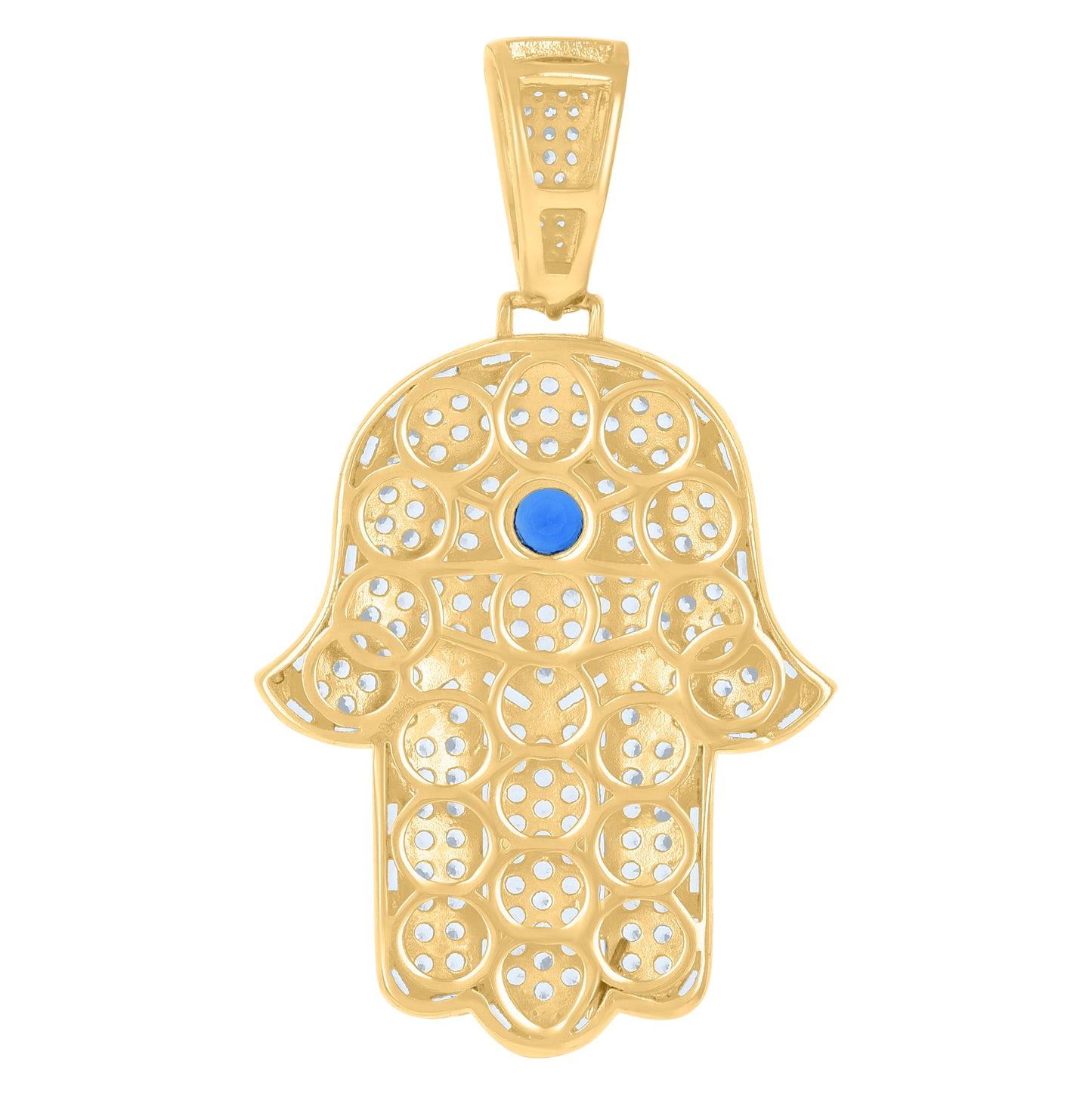 Sterling Silver Yellow-Tone Mens Blue White Baguette Round Cubic-Zirconia Hamsa Religious Charm Pendant