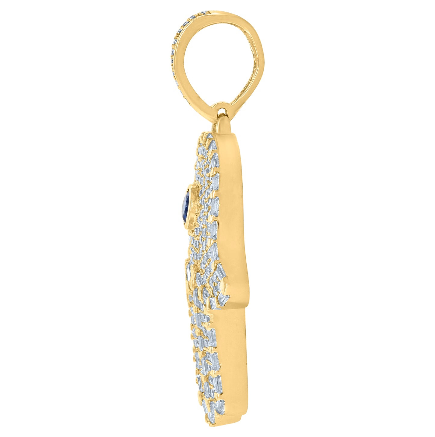 Sterling Silver Yellow-Tone Mens Blue White Baguette Round Cubic-Zirconia Hamsa Religious Charm Pendant