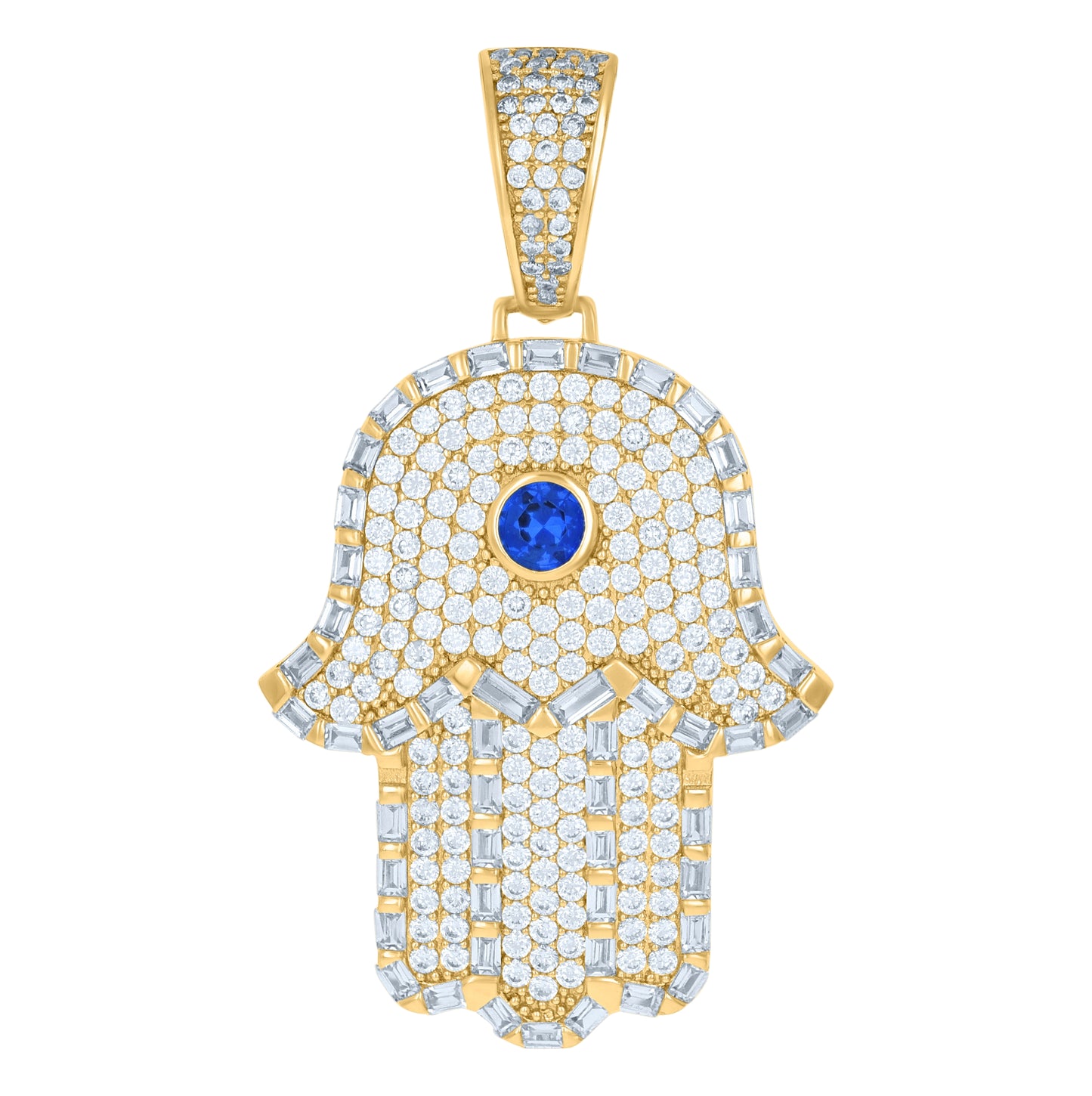 Sterling Silver Yellow-Tone Mens Blue White Baguette Round Cubic-Zirconia Hamsa Religious Charm Pendant