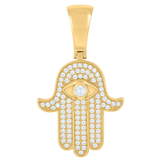 Sterling Silver Yellow-Tone Mens Cubic-Zirconia Hamsa Religious Charm Pendant