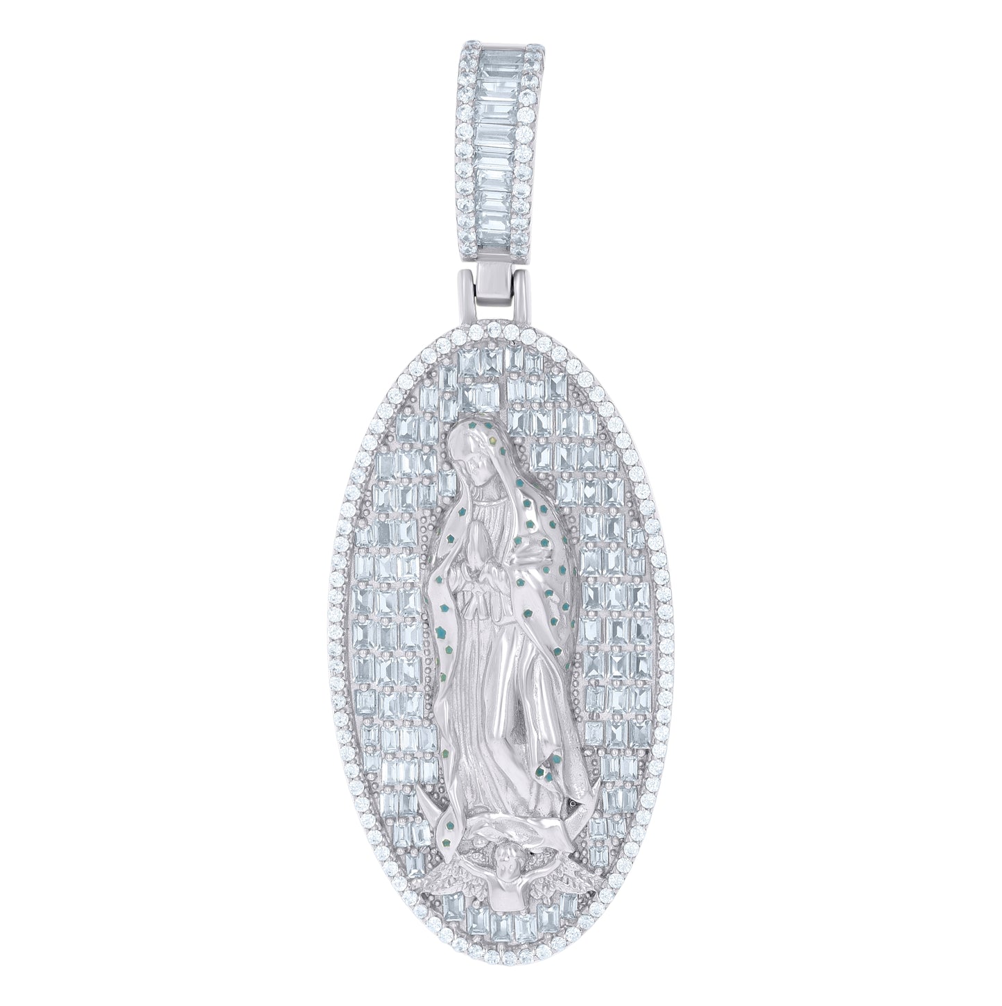 Sterling Silver Mens Baguette Round Cubic-Zirconia Guadalupe Religious Charm Pendant
