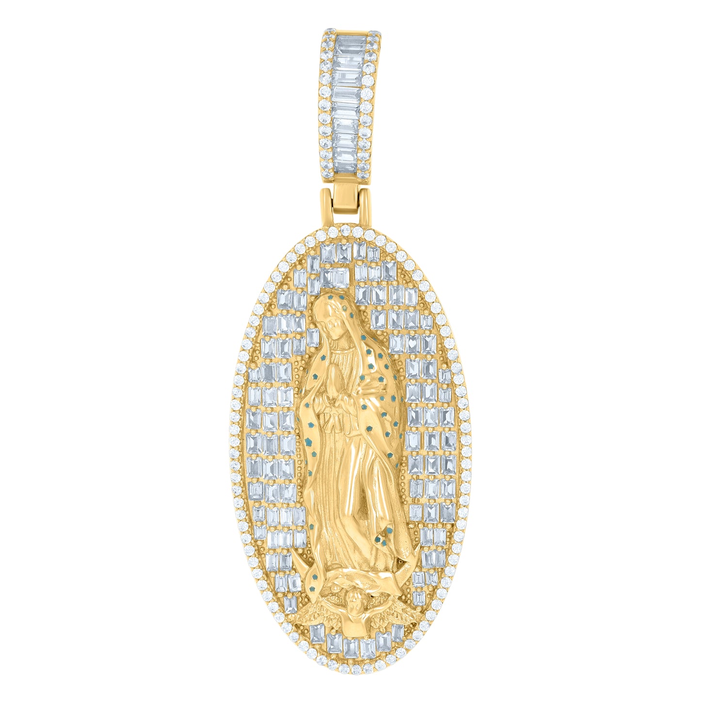 Sterling Silver Mens Baguette Round Cubic-Zirconia Guadalupe Religious Charm Pendant