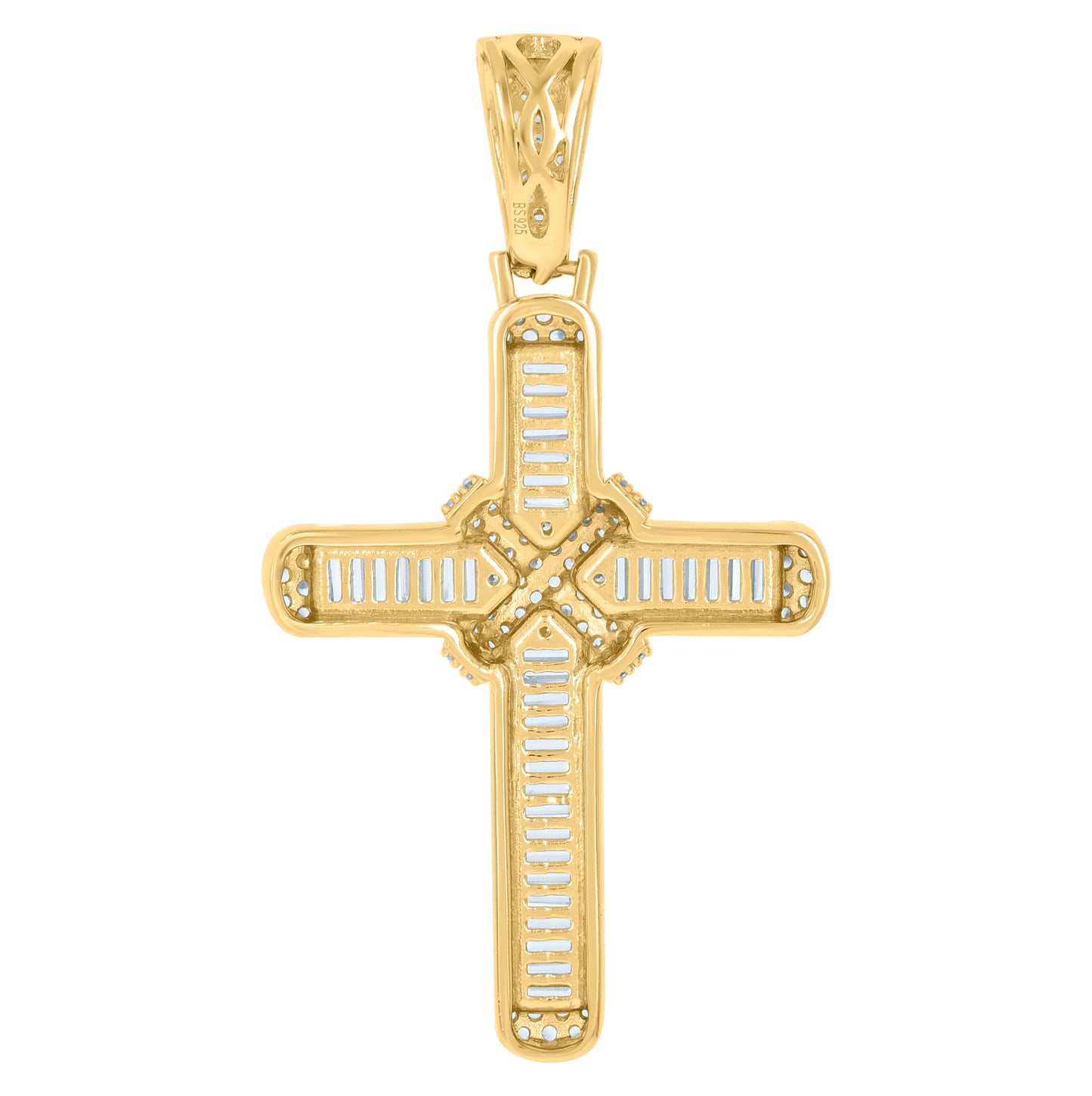 Sterling Silver Yellow-tone Mens Baguette Round Cubic-Zirconia Cross Religious Charm Pendant