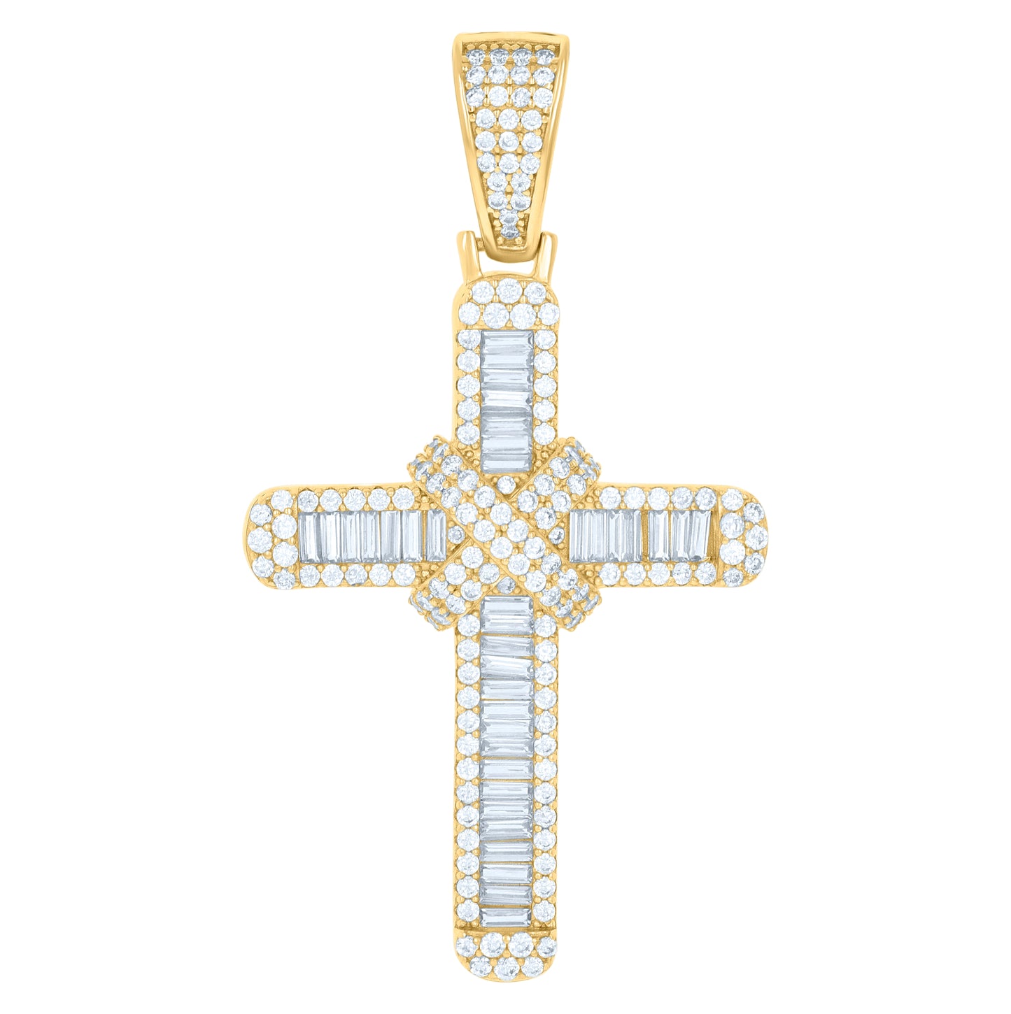 Sterling Silver Yellow-tone Mens Baguette Round Cubic-Zirconia Cross Religious Charm Pendant