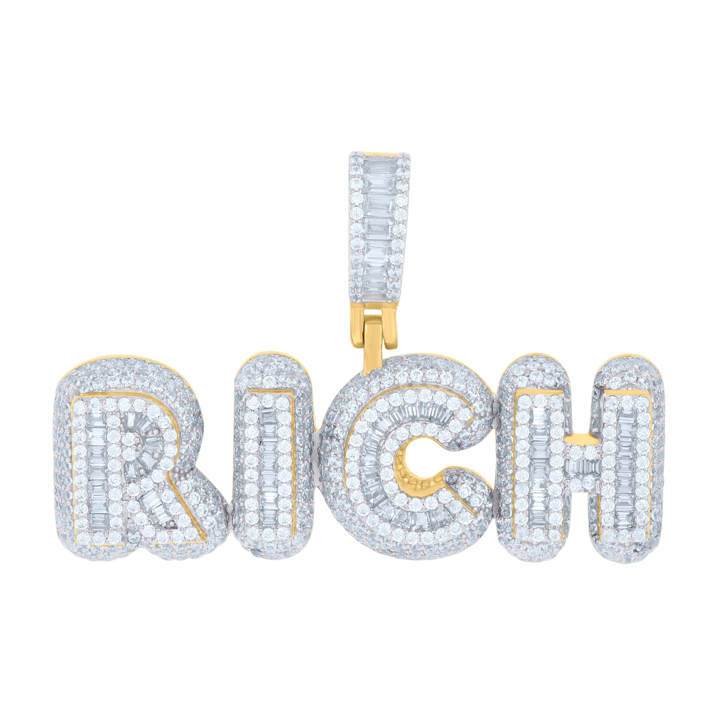 Sterling Silver Yellow-tone Mens Baguette Round Cubic-Zirconia Rich Talking Fashion Charm Pendant