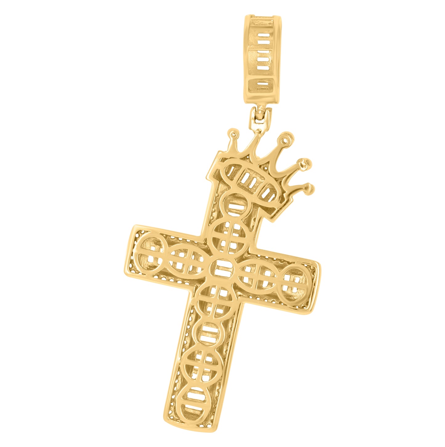 Sterling Silver Yellow-Tone Mens Baguette Round Cubic-Zirconia Crown Cross Religious Charm Pendant
