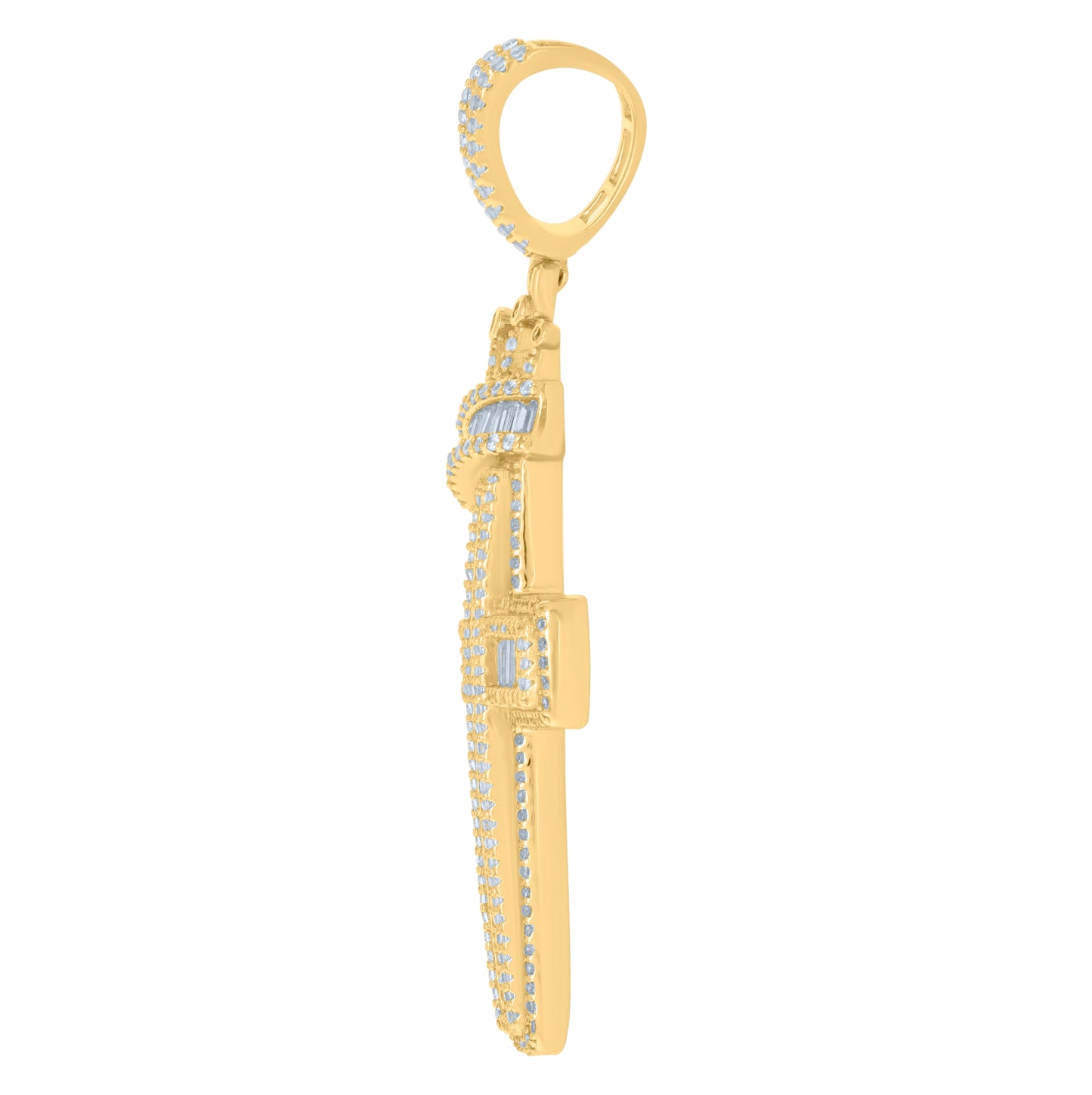 Sterling Silver Yellow-Tone Mens Baguette Round Cubic-Zirconia Crown Cross Religious Charm Pendant