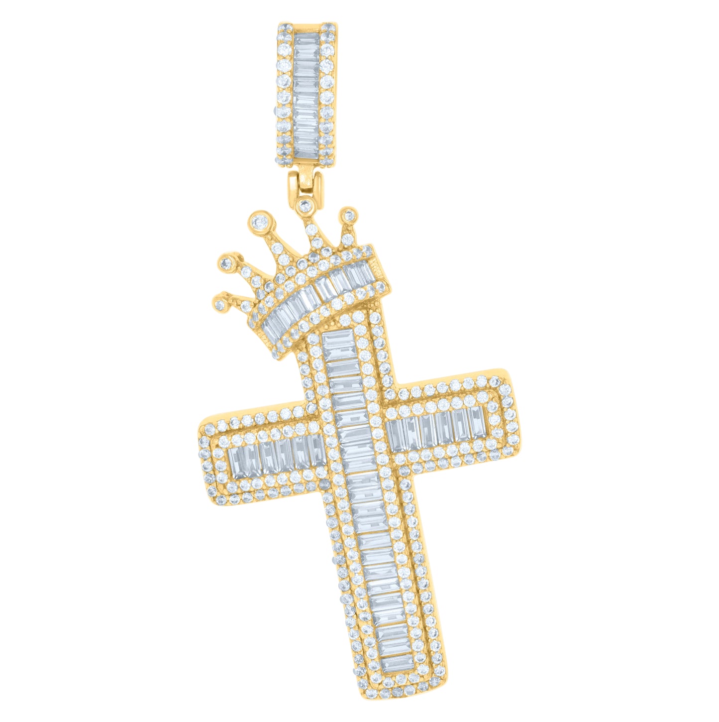 Sterling Silver Yellow-Tone Mens Baguette Round Cubic-Zirconia Crown Cross Religious Charm Pendant