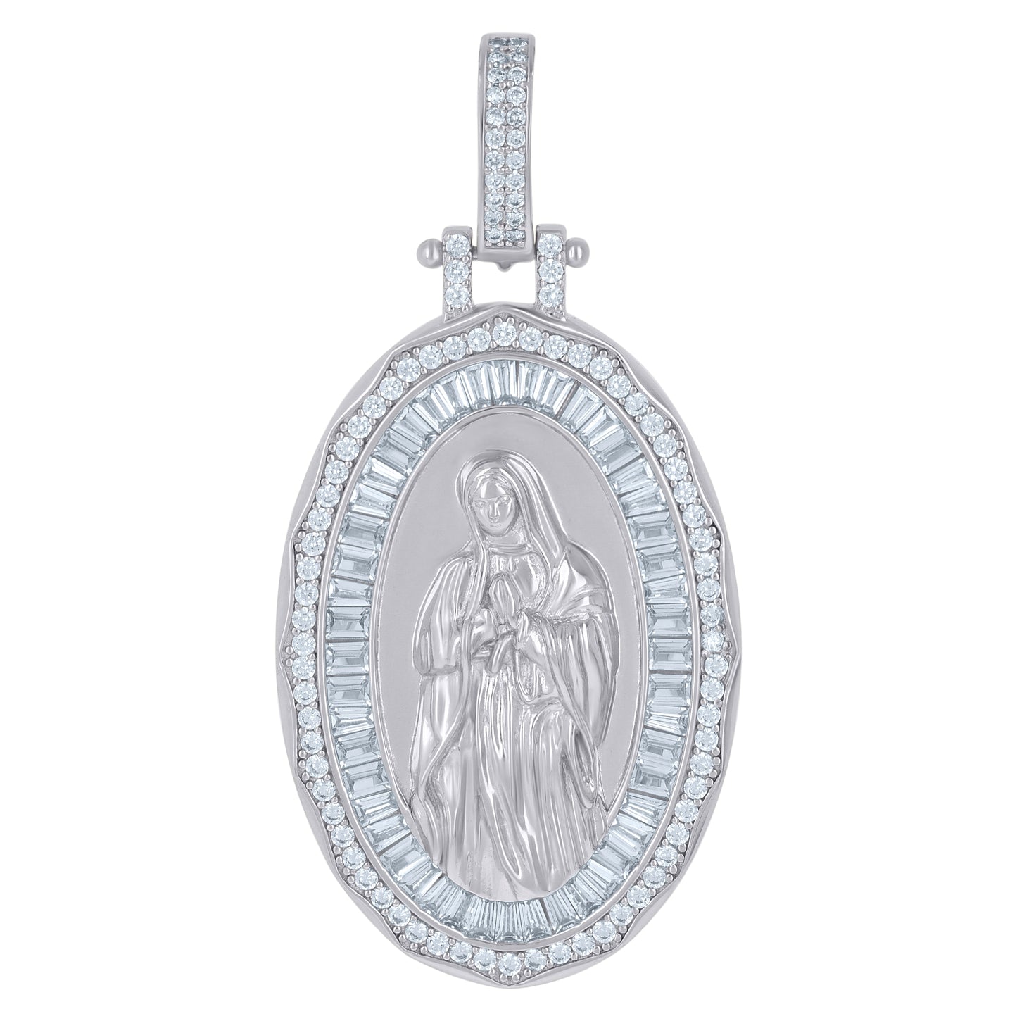 Sterling Silver Mens Baguette Round Cubic-Zirconia Guadalupe Religious Charm Pendant