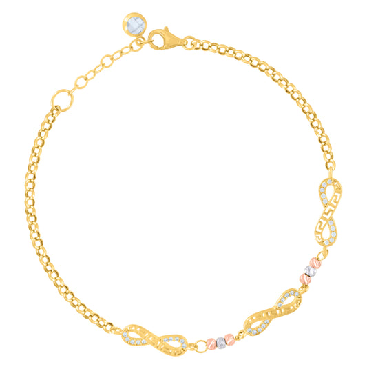 10K Tri-Color Gold Womens Cubic-Zirconia Infinity Charm Bracelet Size 8 Inches