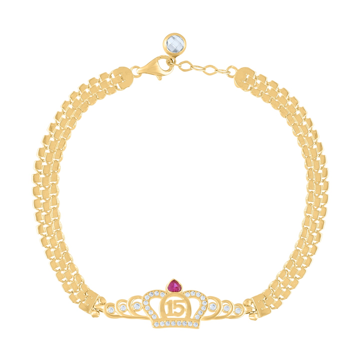 10K Yellow Gold Womens Pink White Cubic-Zirconia Sweet 15 Anos Quinceanera Crown Charm Bracelet Size 8 Inches
