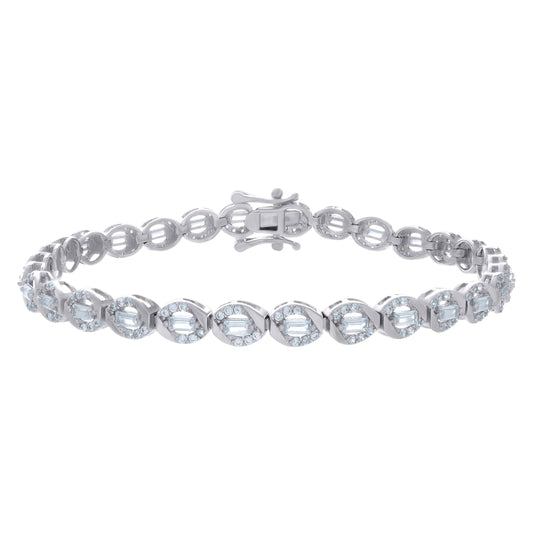 Sterling Silver Womens Baguette Round Cubic-Zirconia Fashion Link Bracelet Size 7 Inches