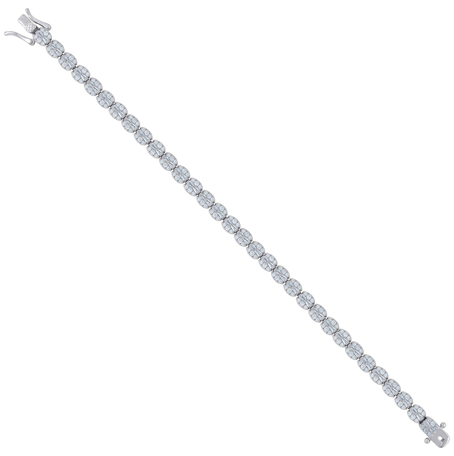 Sterling Silver Womens Baguette Round Cubic-Zirconia Fashion Link Bracelet Size 7 Inches