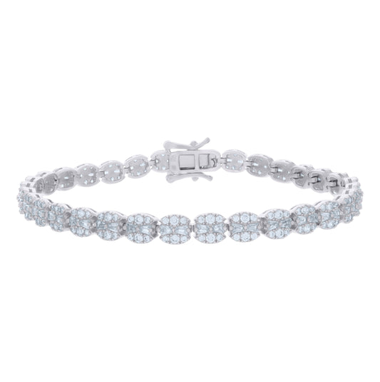 Sterling Silver Womens Baguette Round Cubic-Zirconia Fashion Link Bracelet Size 7 Inches