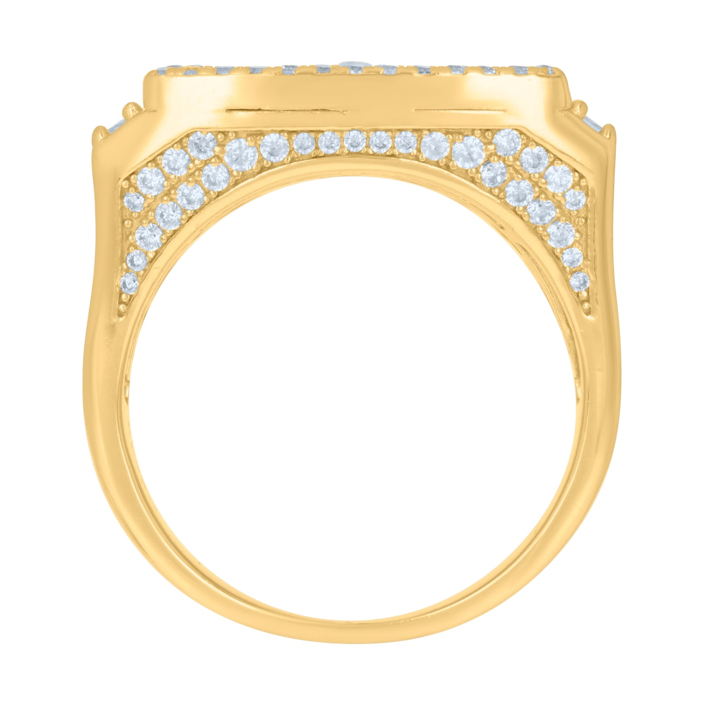 Sterling Silver Yellow-tone Mens Baguette Round Cubic-Zirconia Crucifix Cross Religious Bridal Anniversary Wedding Engagement Band Ring