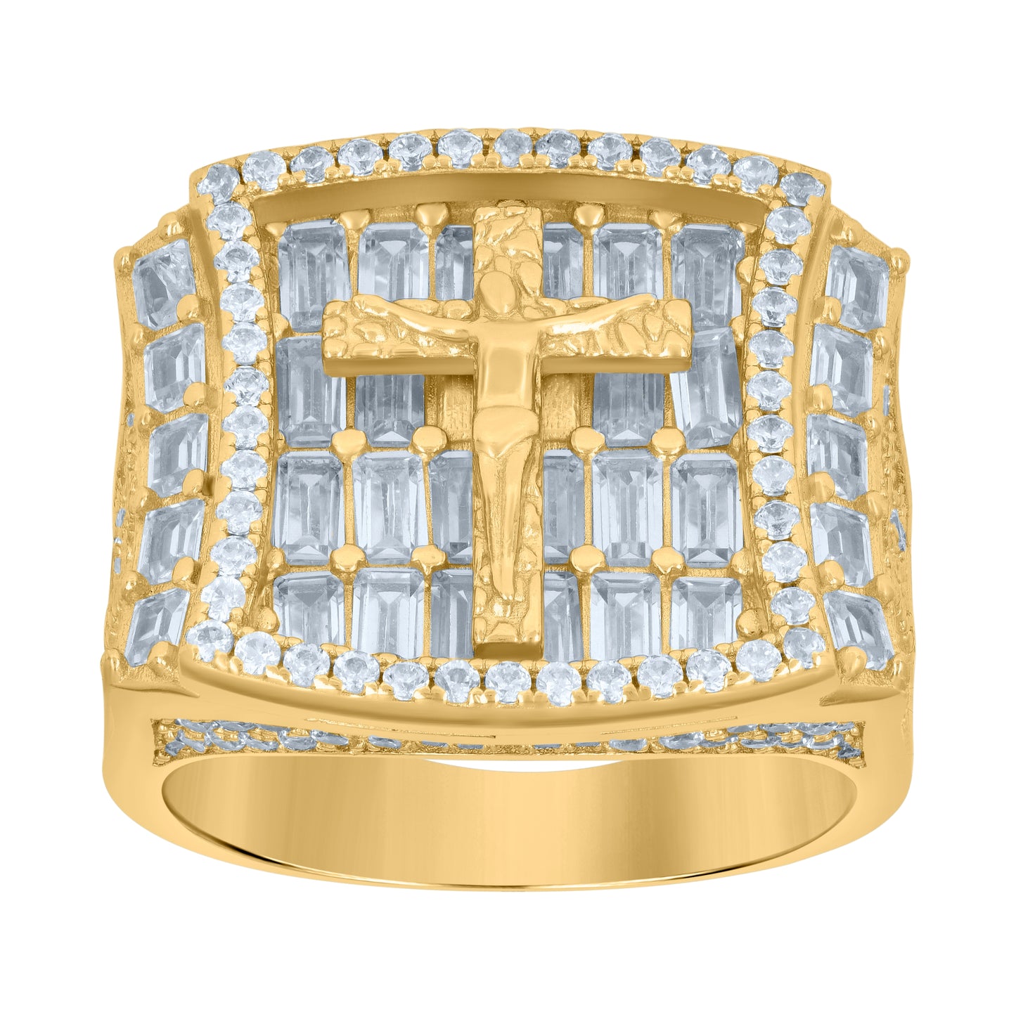 Sterling Silver Yellow-tone Mens Baguette Round Cubic-Zirconia Crucifix Cross Religious Bridal Anniversary Wedding Engagement Band Ring