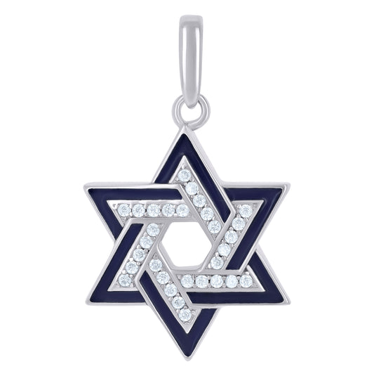 Sterling Silver Unisex Cubic-Zirconia Enamel Star Of David Religious Symbol Charm Pendant