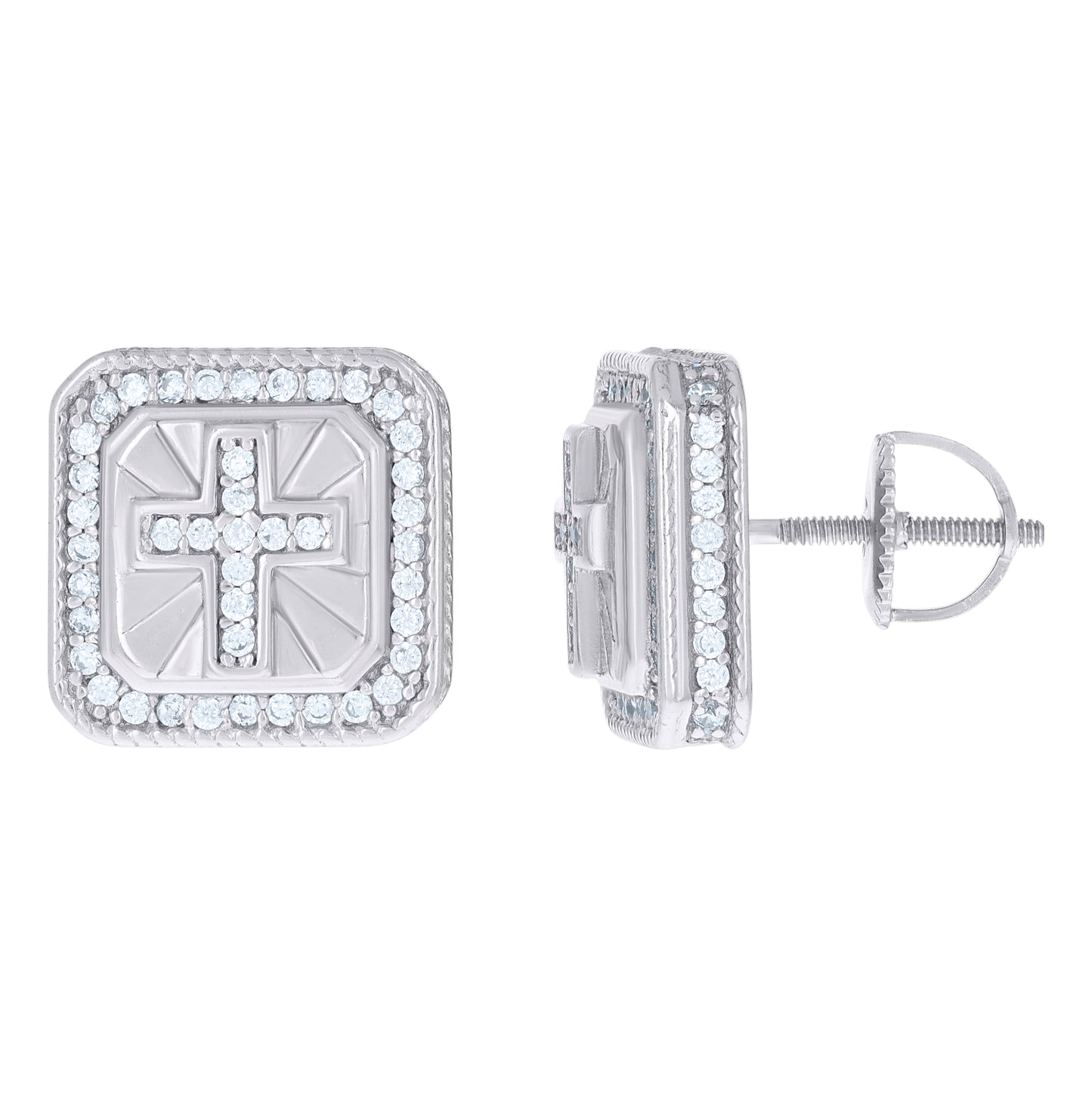 Sterling Silver Or Yellow-tone Men Cubic-Zirconia Cross Religious Stud Earrings