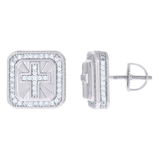 Sterling Silver Or Yellow-tone Men Cubic-Zirconia Cross Religious Stud Earrings