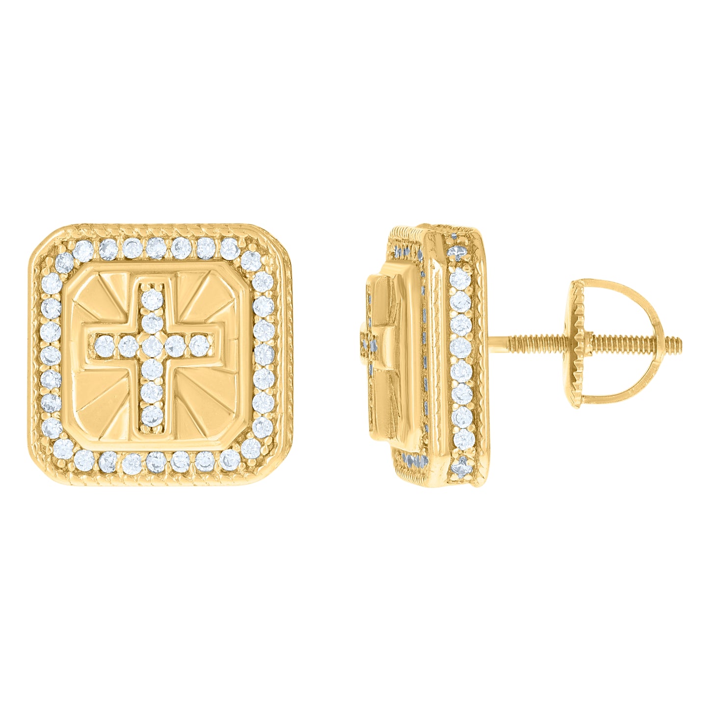 Sterling Silver Or Yellow-tone Men Cubic-Zirconia Cross Religious Stud Earrings