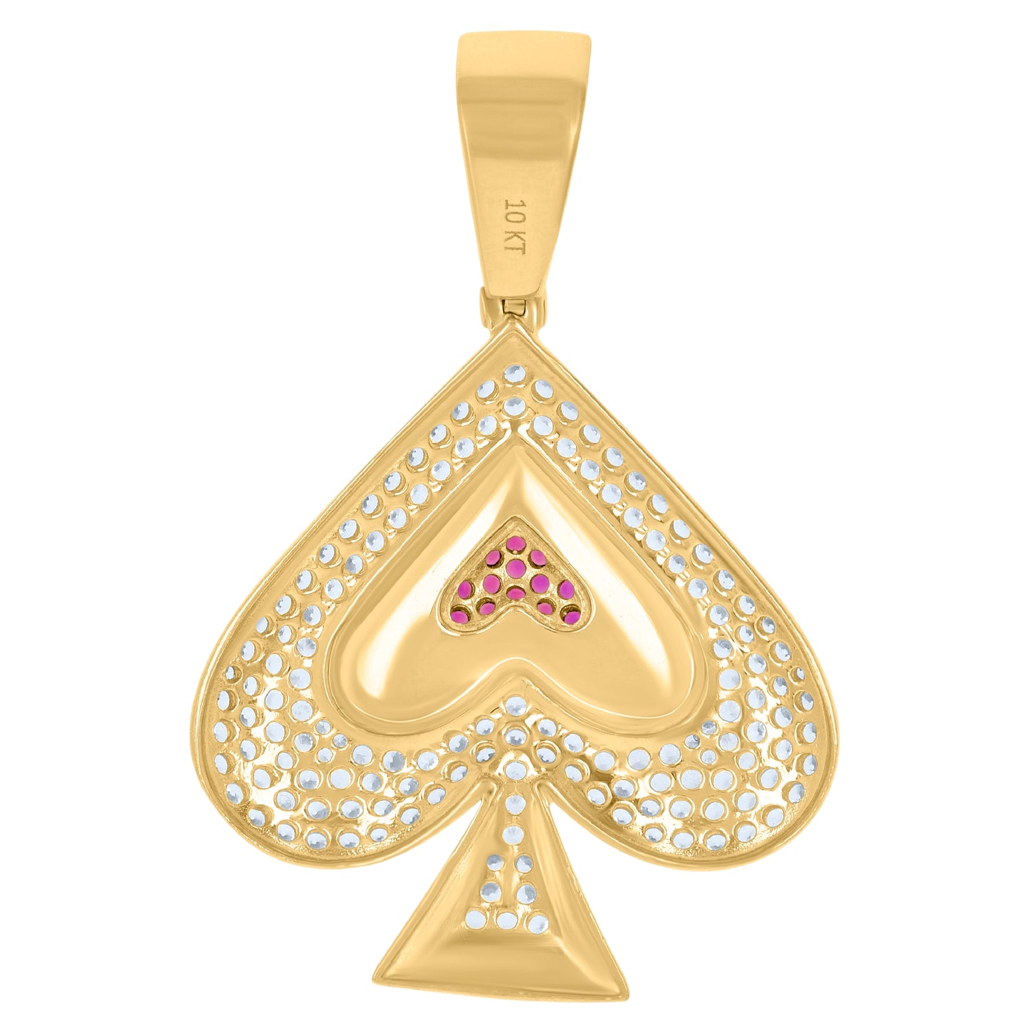10K Yellow Gold Mens Pink White Cubic-Zirconia Spade Playing Cards Gambling Charm Pendant