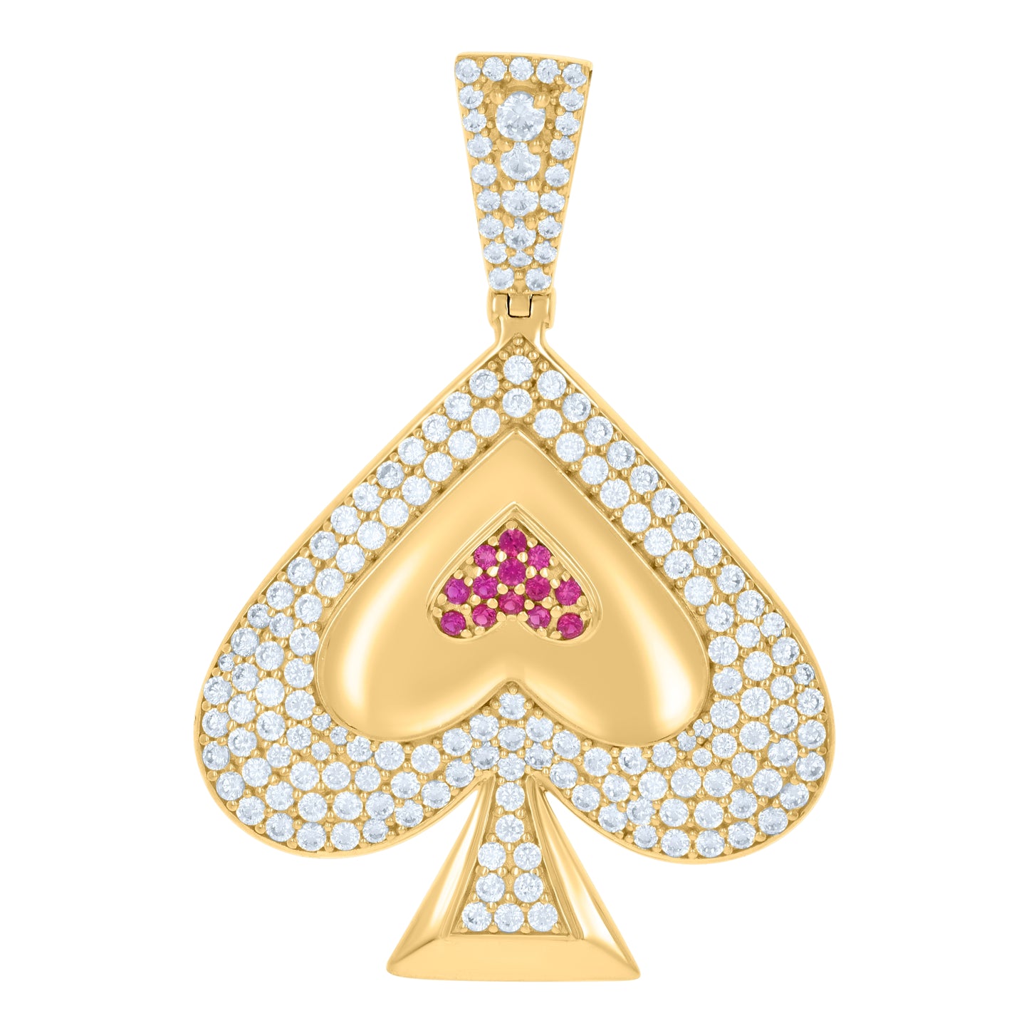 10K Yellow Gold Mens Pink White Cubic-Zirconia Spade Playing Cards Gambling Charm Pendant