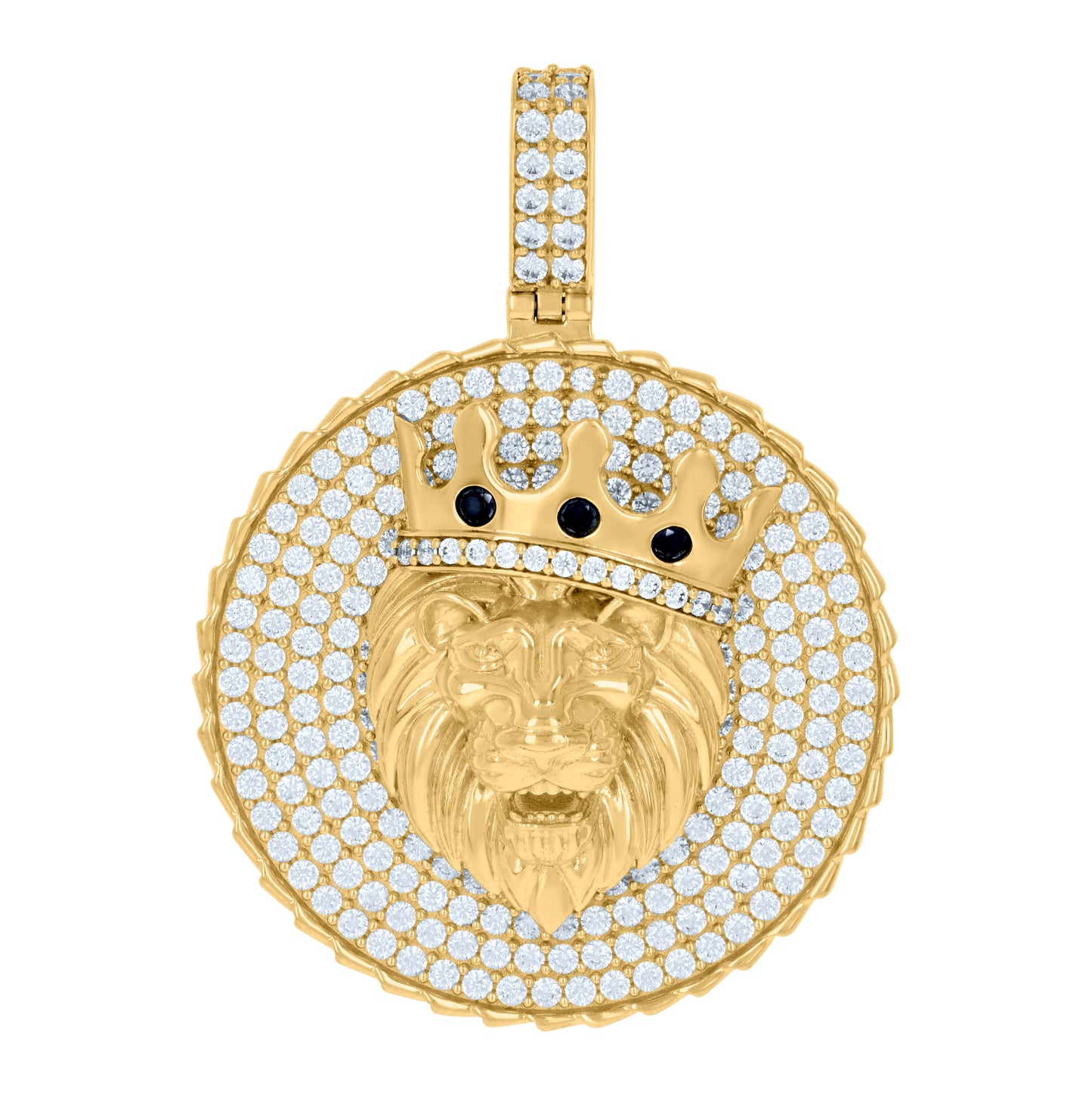10K Yellow Gold Mens Black White Cubic-Zirconia Crown Leo/ Lion Head Zodiac Sign/Wildlife Charm Pendant