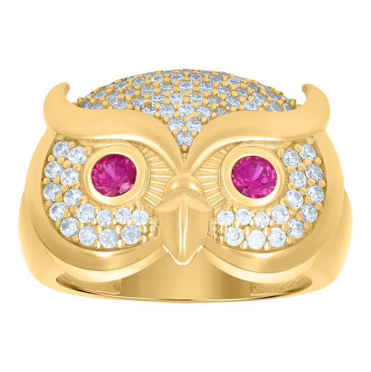 10K Yellow Gold Mens Pink White Cubic-Zirconia Owl Bird Wildlife Ring