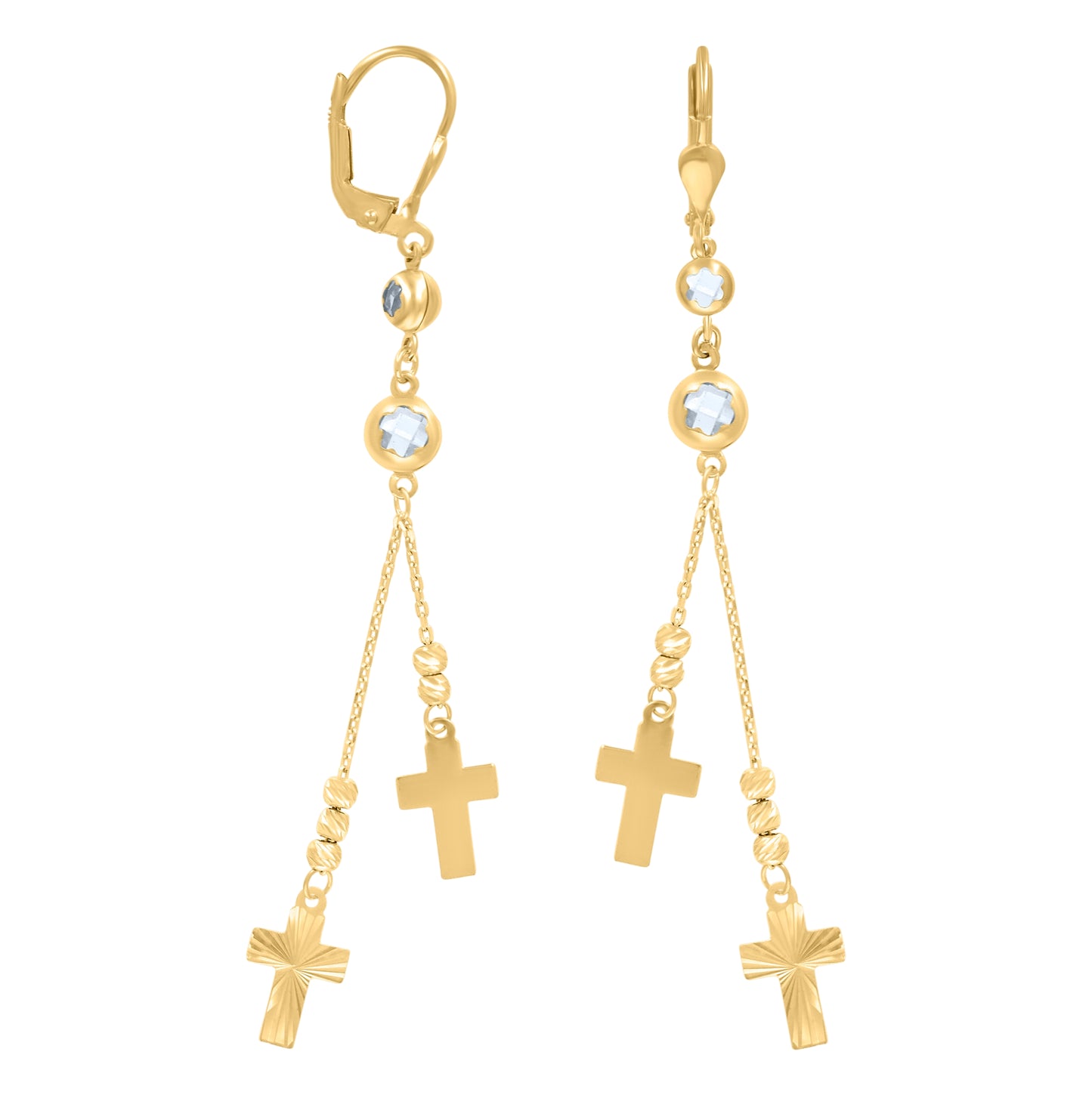 10K Yellow Gold Womens Cubic-Zirconia Cross Religious Beaded Dangle Leverback Earrings