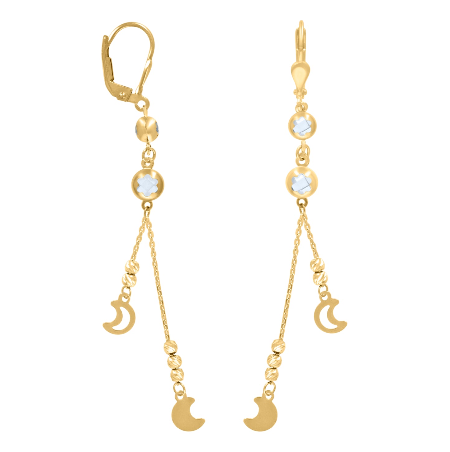 10K Yellow Gold Womens Cubic-Zirconia Moon Beaded Dangle Leverback Earrings