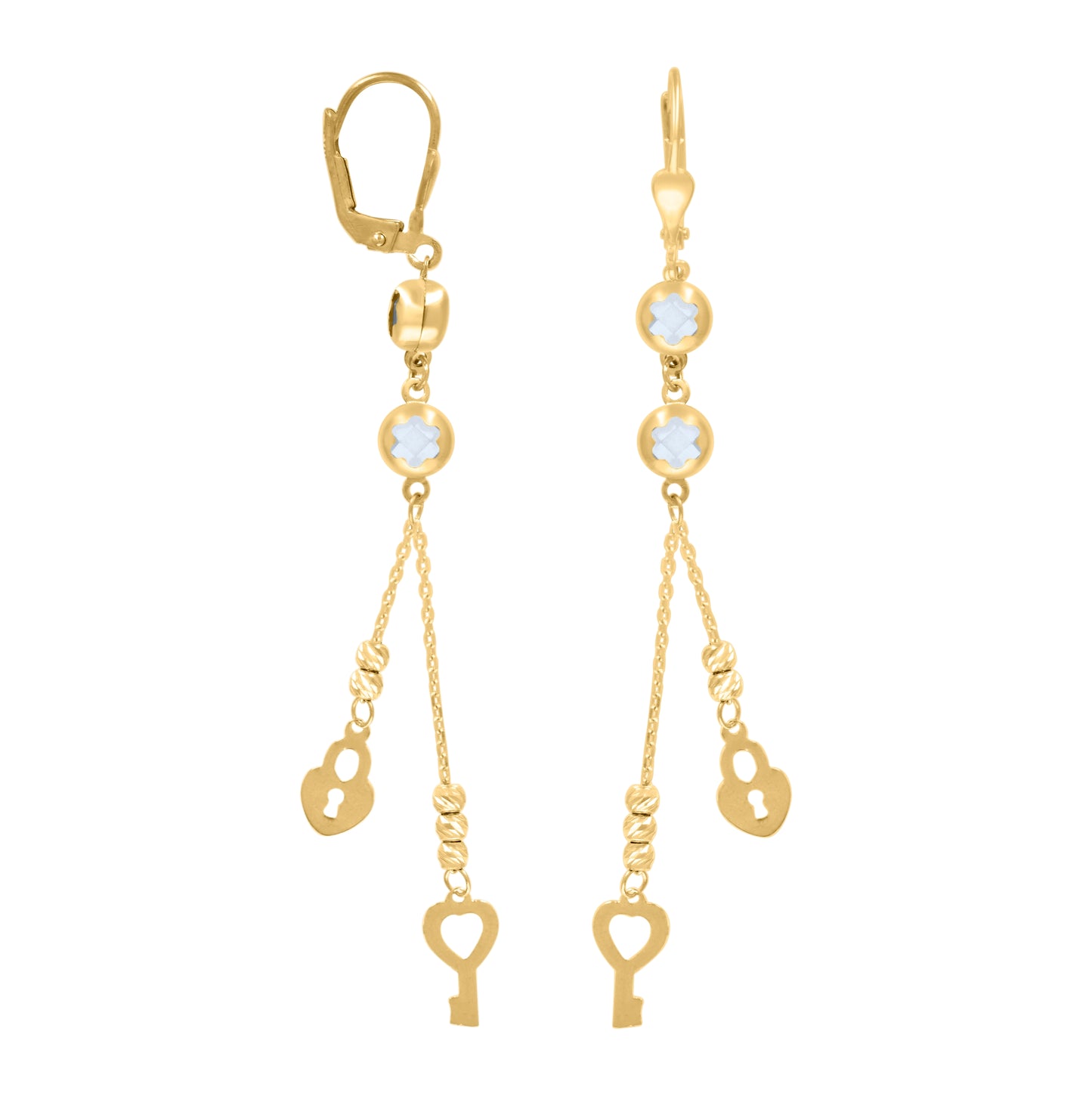 10K Yellow Gold Womens Cubic-Zirconia Lock & Key Beaded Dangle Leverback Earrings