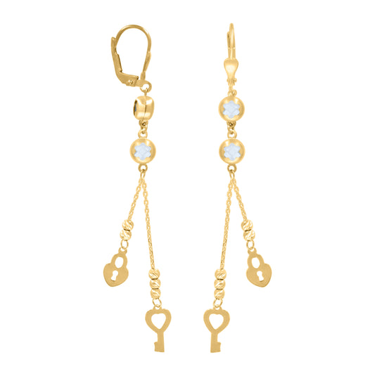 10K Yellow Gold Womens Cubic-Zirconia Lock & Key Beaded Dangle Leverback Earrings