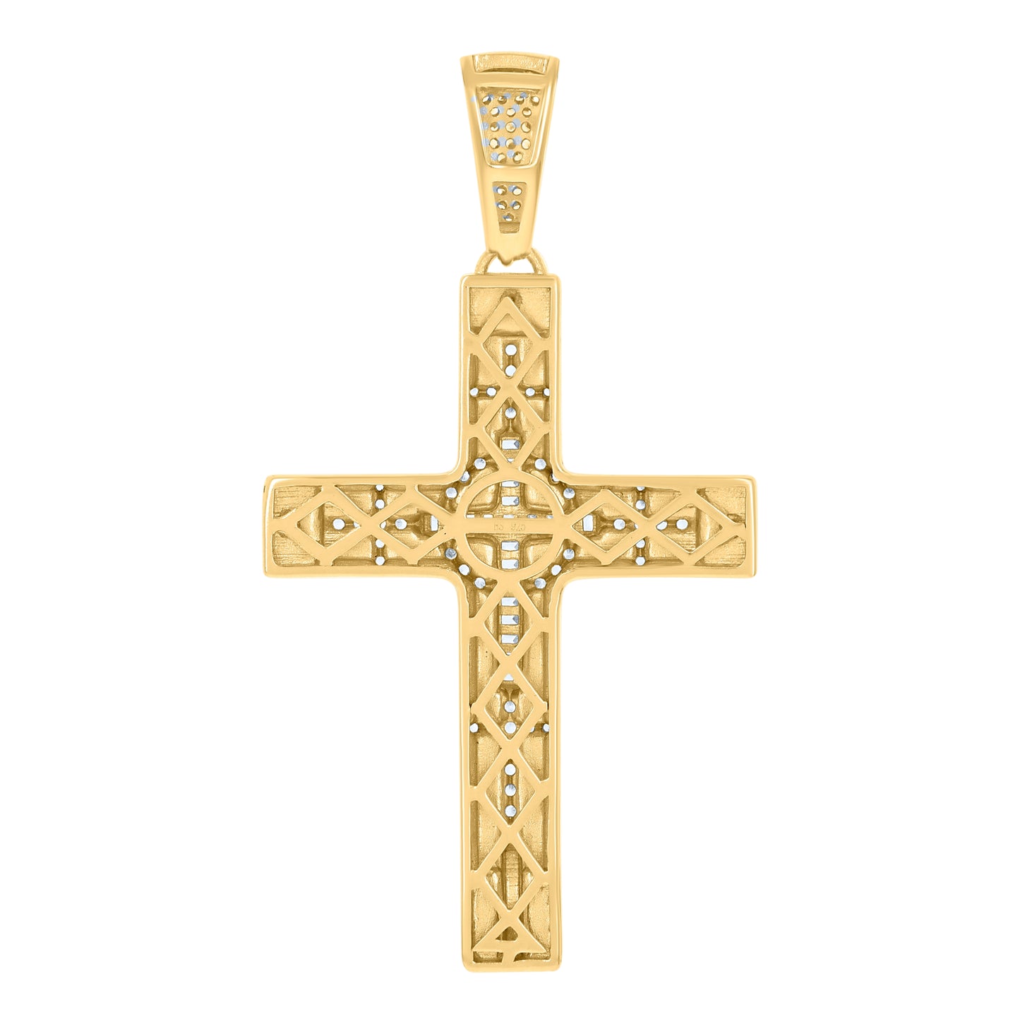 Sterling Silver Yellow-tone Mens Baguette Round Cubic-Zirconia Cross Religious Charm Pendant