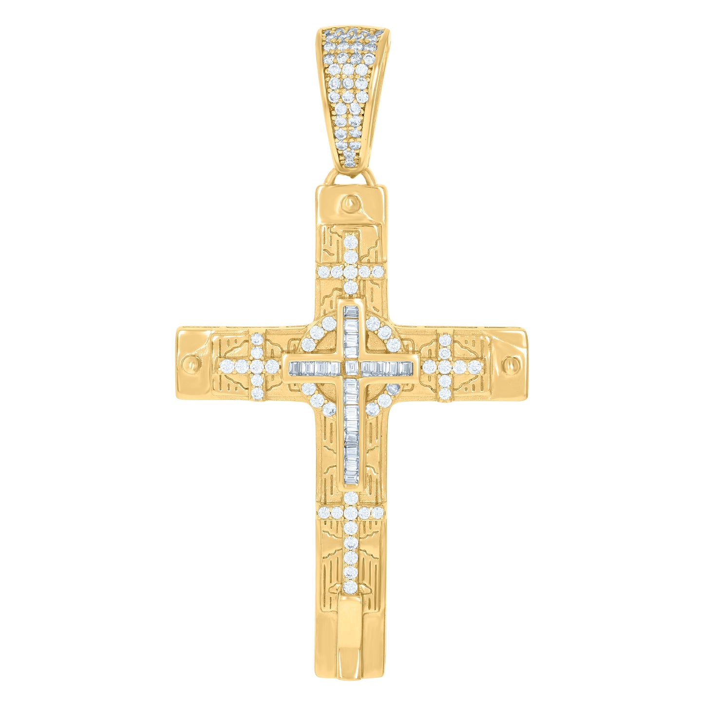 Sterling Silver Yellow-tone Mens Baguette Round Cubic-Zirconia Cross Religious Charm Pendant
