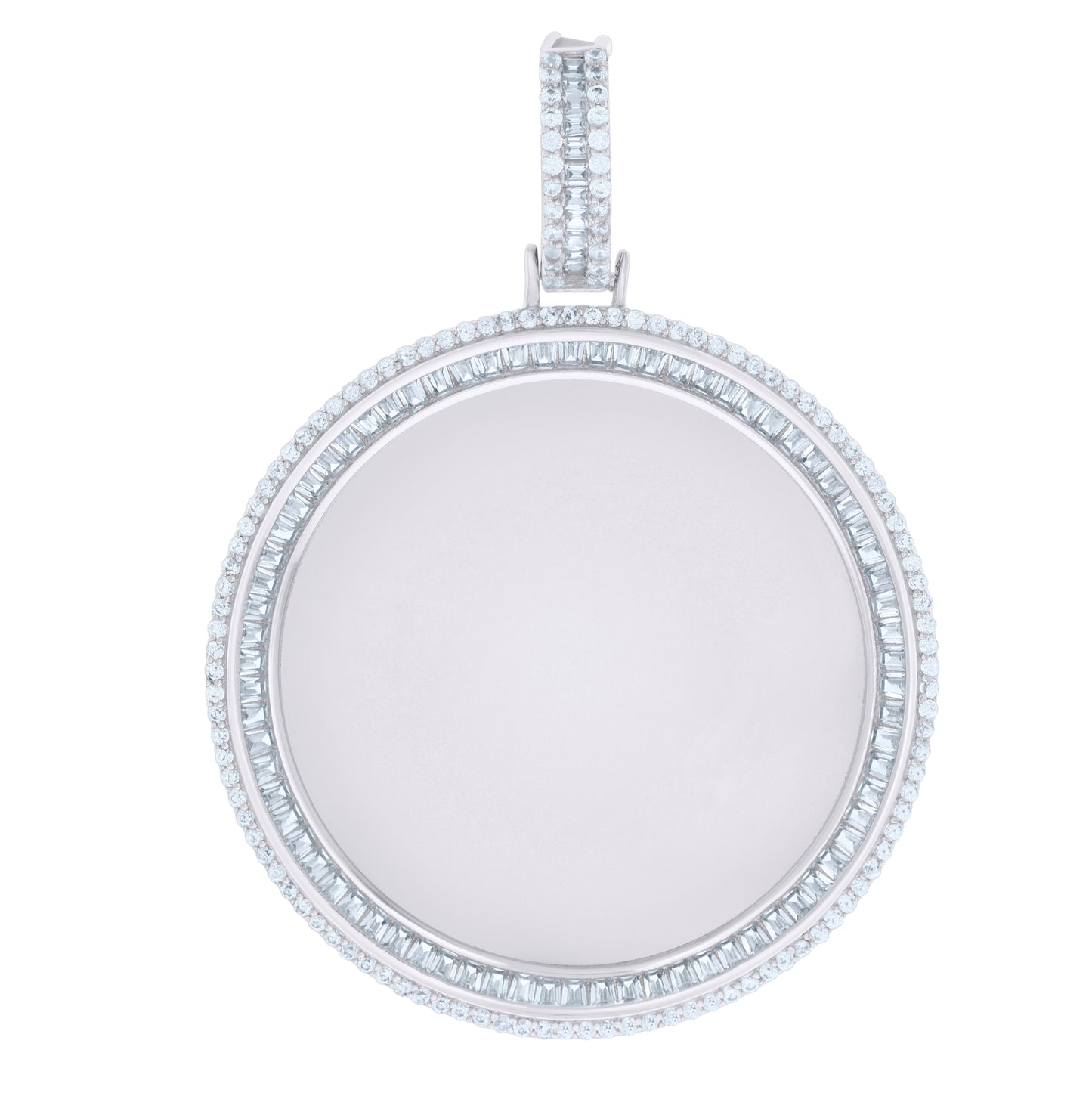 Sterling Silver Men Baguette Round Cubic-Zirconia Picture Frame Charm Pendant