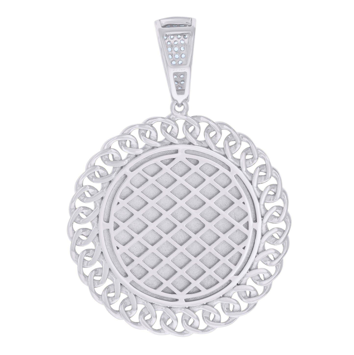 Sterling Silver Men Cubic-Zirconia Cuban Border Picture Frame Charm Pendant