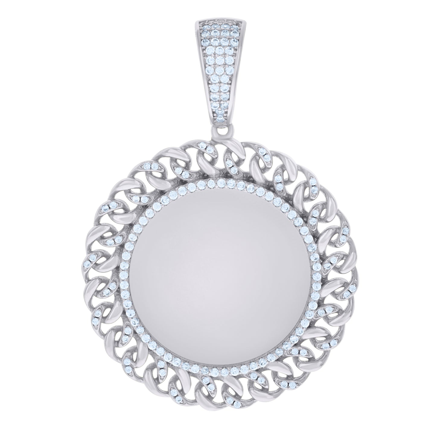 Sterling Silver Men Cubic-Zirconia Cuban Border Picture Frame Charm Pendant