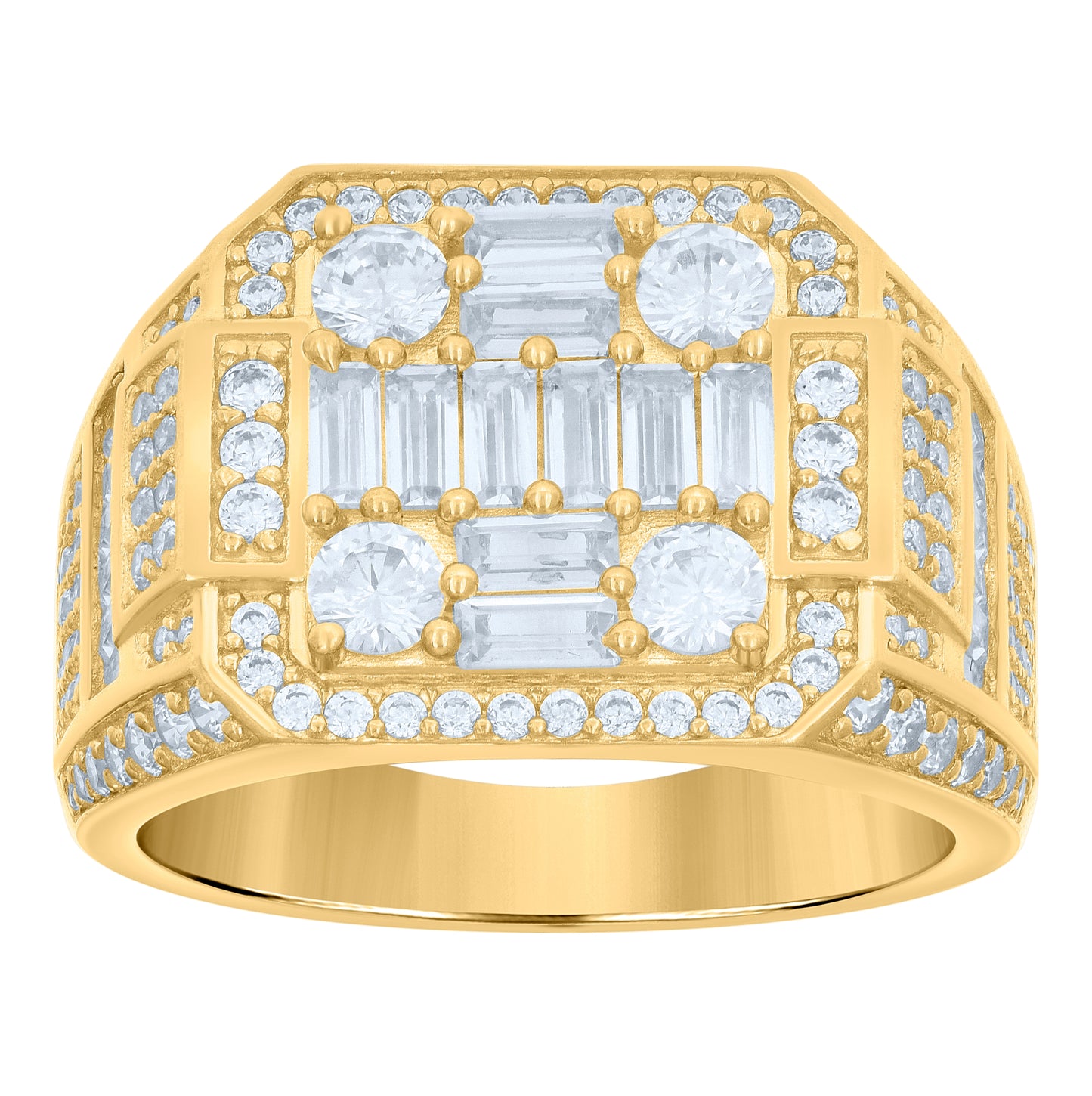 10K Yellow Gold Mens Baguette Round Cubic-Zirconia Fashion Ring