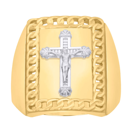 10K Two-Tone Gold Mens Crucifix Cross Religious Ring