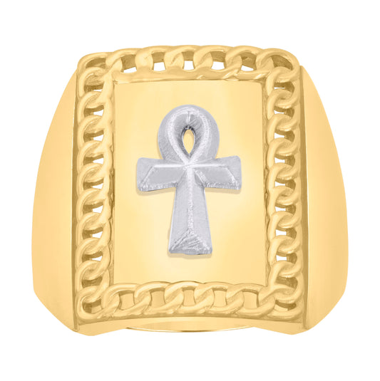 10K Two-Tone Gold Mens Ankh Cross Religious Ring